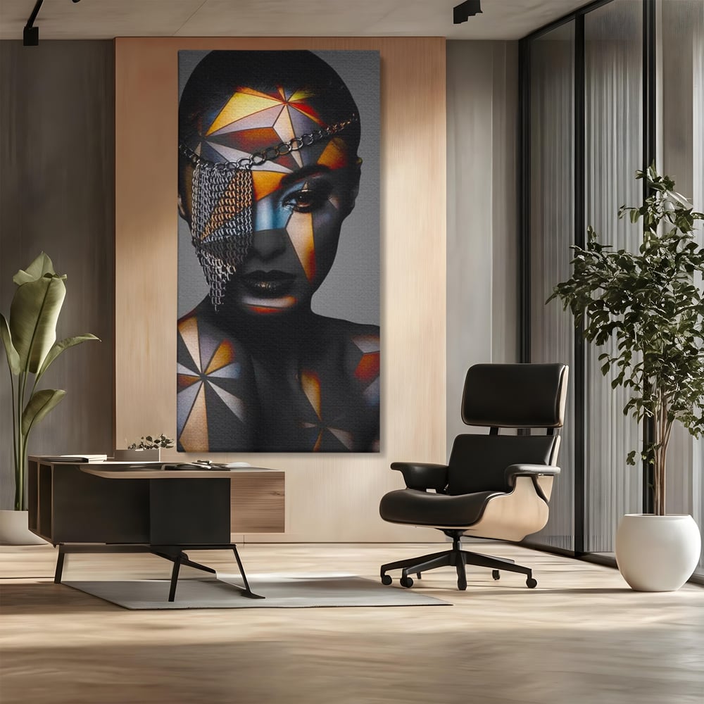 Tablou canvas cu tablou canvas cu portret feminin si lanturi, fara rama, pe sasiu de lemn, pe perete intr-un birou